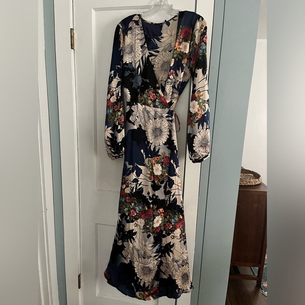 Floral Satin Wrap Long Sleeve Dress